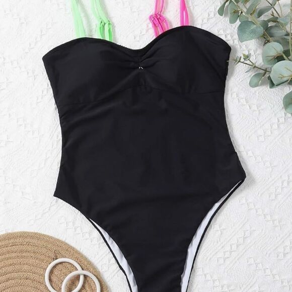 Women’s Swimsuit - One Piece, Neon Spaghetti Straps - Black,Pink,Green - M - NWT - Picture 3 of 3